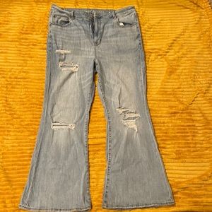 American Eagle. Light denim, distressed flairs.